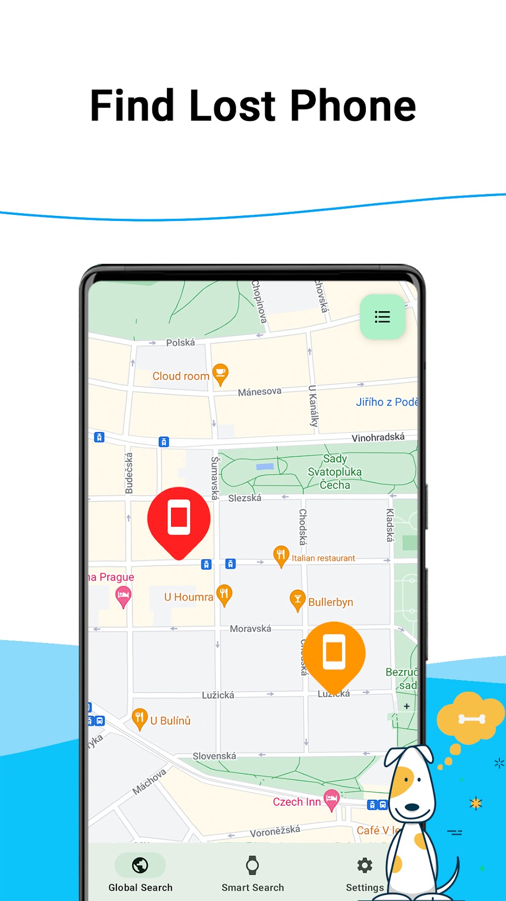 Find My Phone screenshot showing real-time GPS tracking