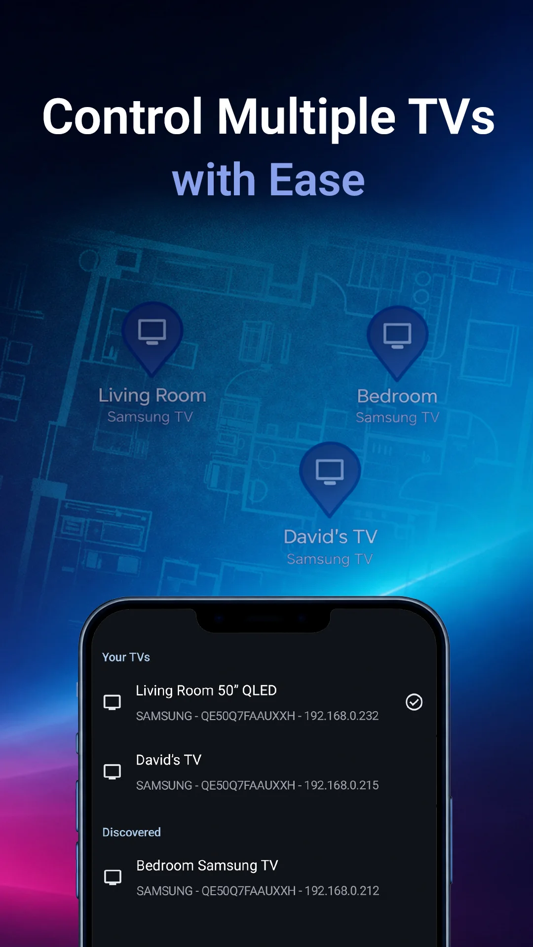 Snímek obrazovky aplikace Ovladač pro Samsung TV se seznamem více TV