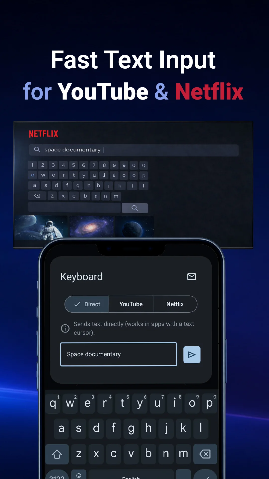 Snímek obrazovky aplikace Ovladač pro Samsung TV s rychlým zadáváním textu