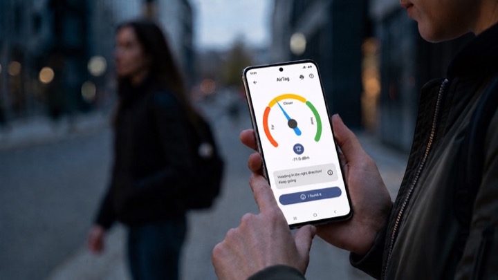 Person using Android AirTag scanner to locate a nearby tracker