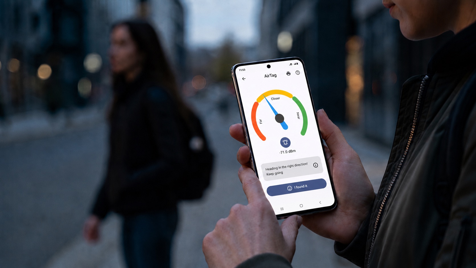 Person using Android AirTag scanner to locate a nearby tracker