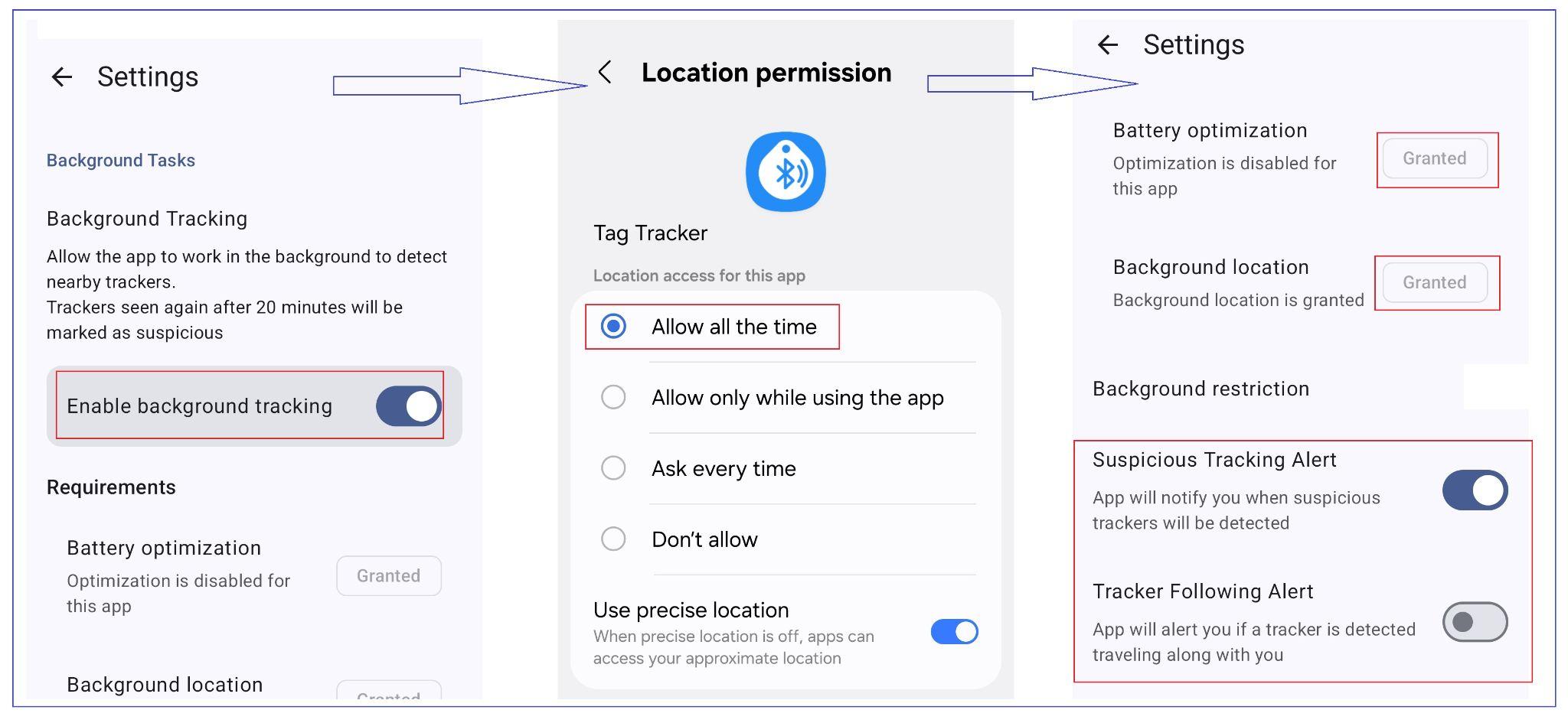 Background tracking and suspicious tracker alert settings on Android