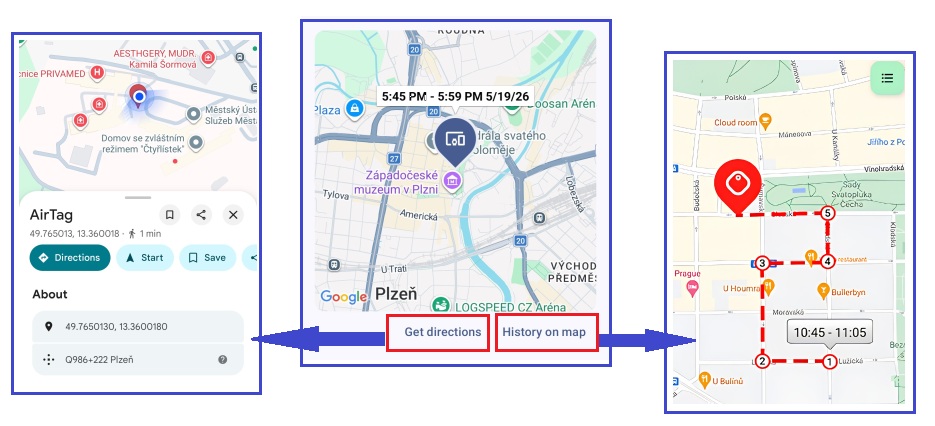 Android tracker map history showing where an AirTag was detected