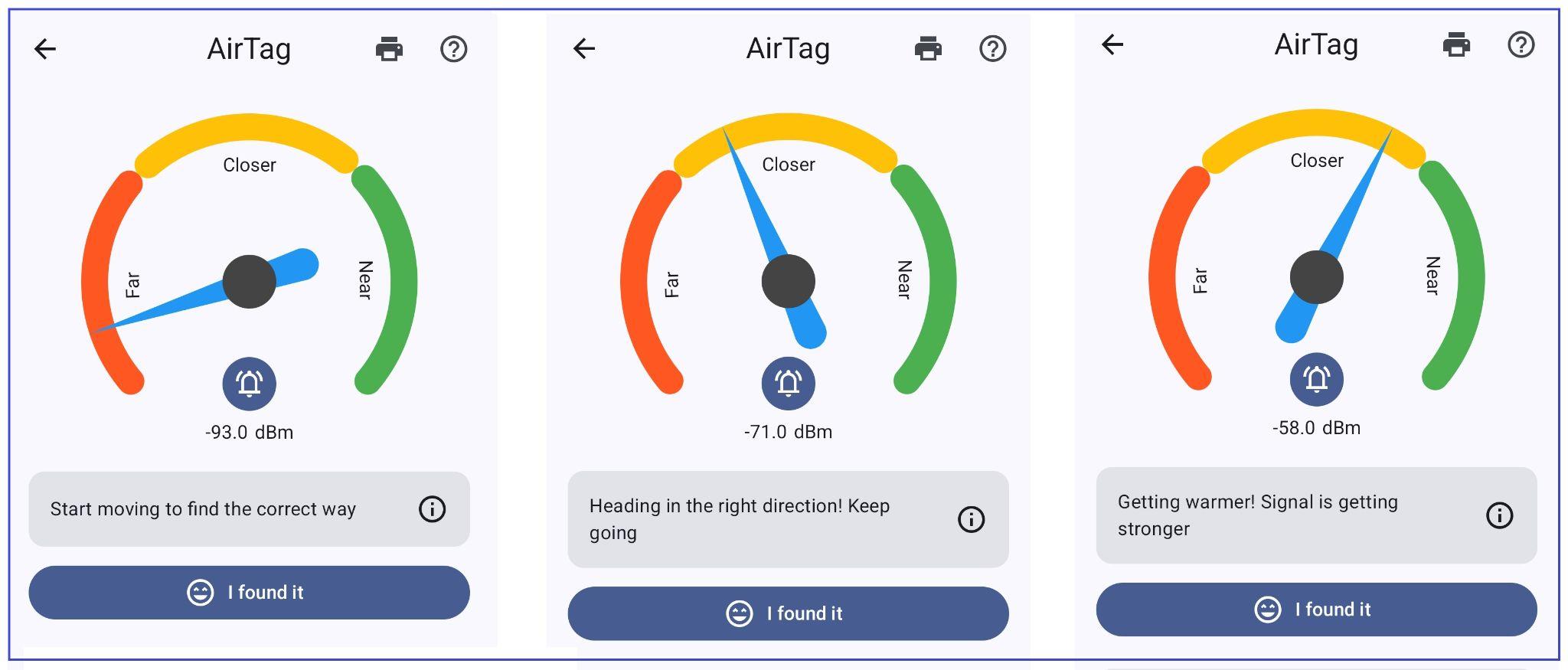 AirTag signal strength screen with near and far distance guidance on Android