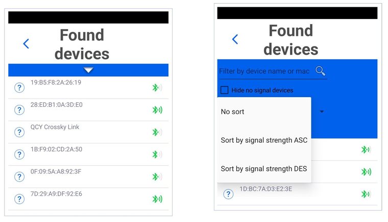 Firehawk Find My Bluetooth Device list of found devices and sorting filter