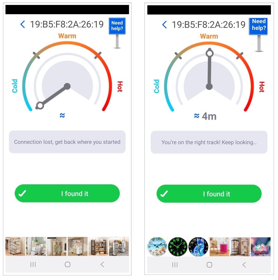 Firehawk Find My Bluetooth Device radar screens with cold, warm, and hot signal labels