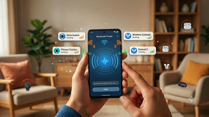 Phone locating wireless earbuds, smartwatch, and fitness tracker with Bluetooth Finder