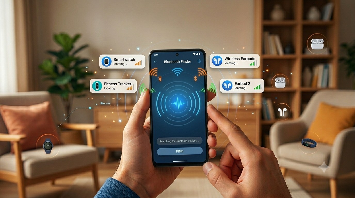 Phone using Bluetooth Finder to locate wireless earbuds, smartwatch, and fitness tracker in a living room