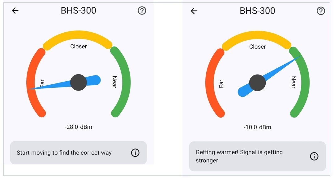 Find My Bluetooth Device graphical radar showing far and near Bluetooth signal states