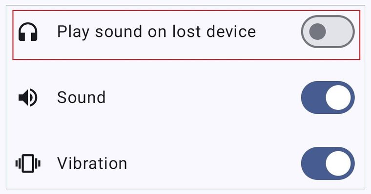 Find My Bluetooth Device sound and vibration options for acoustic guidance