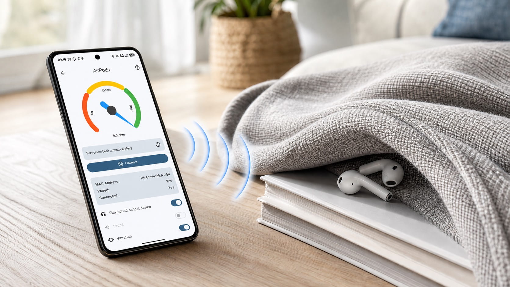 Android phone using Find My Bluetooth Device to search for nearby AirPods