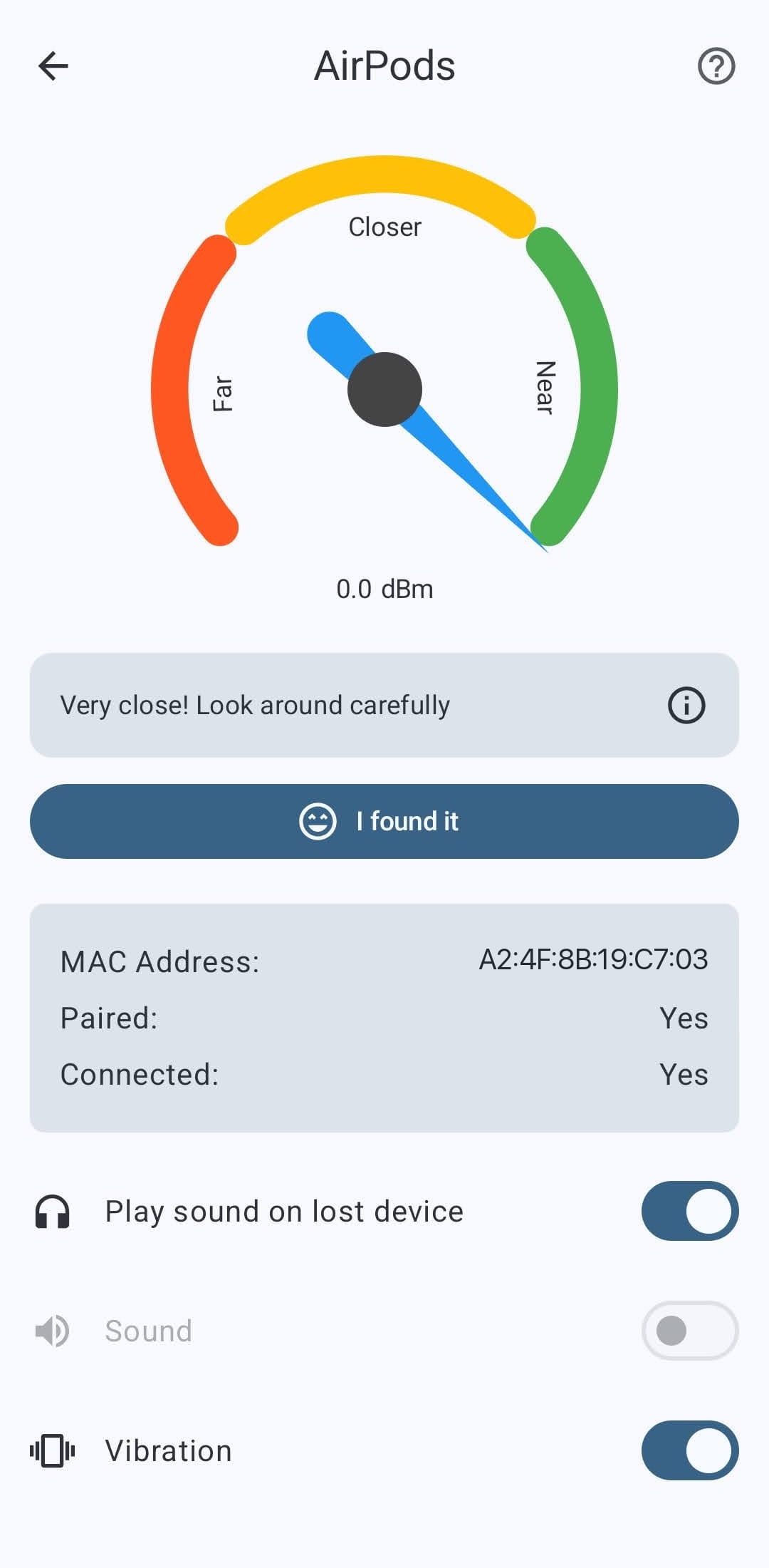 Active AirPods search screen showing nearby Bluetooth signal and Play sound on lost device