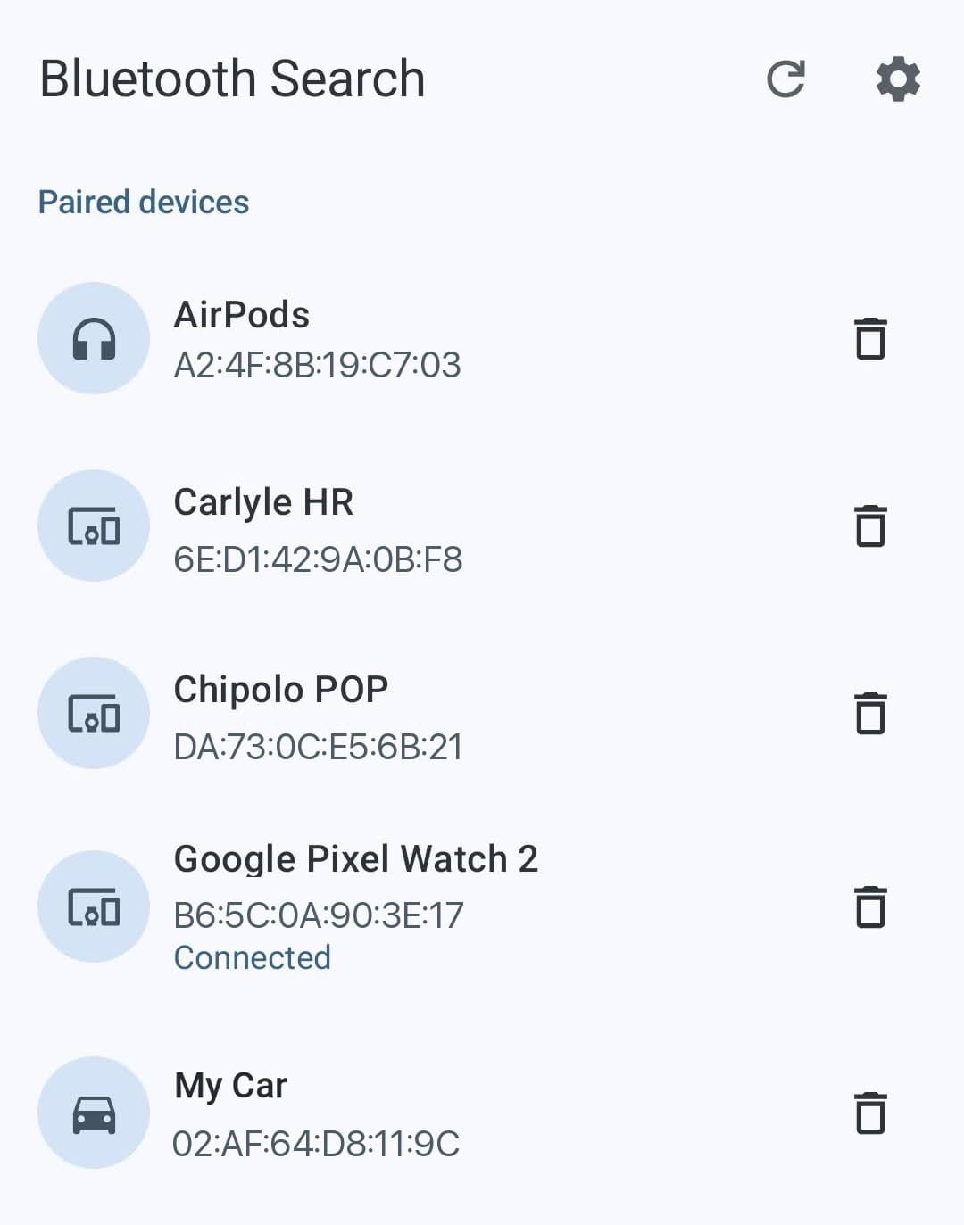 Find My Bluetooth Device showing AirPods in the paired devices list on Android
