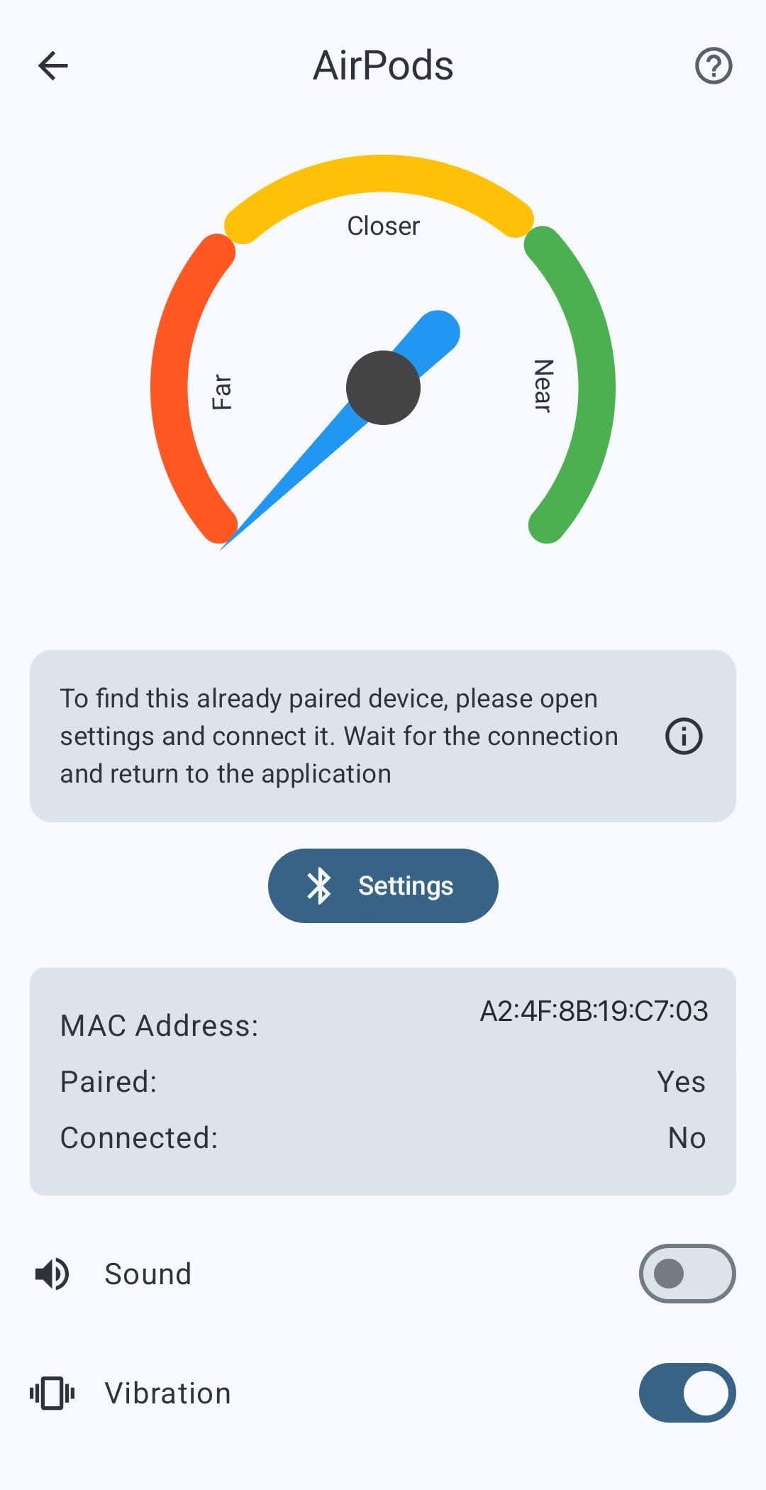 Find My Bluetooth Device asking the user to open settings and connect paired AirPods