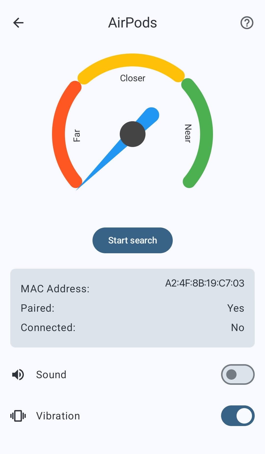 AirPods detail screen with the Start search button in Find My Bluetooth Device