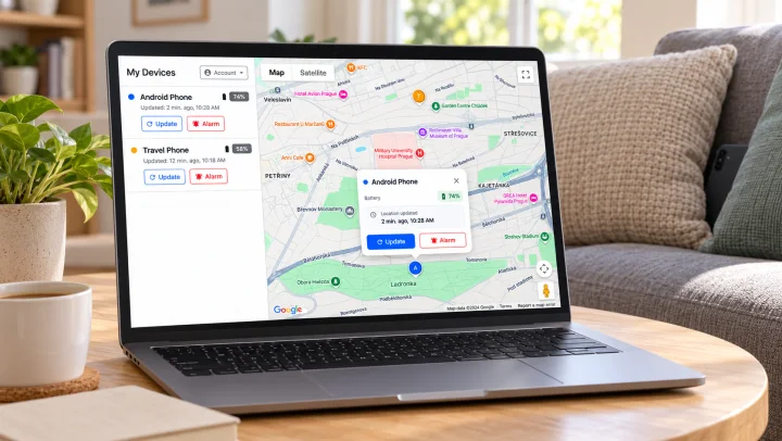 Laptop showing the Find My Phone web portal with demonstration devices