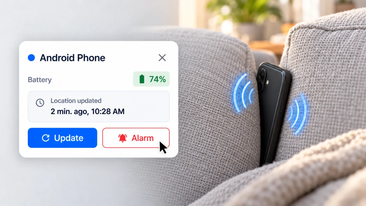 Alarm button for a fictional Android Phone beside a phone between sofa cushions