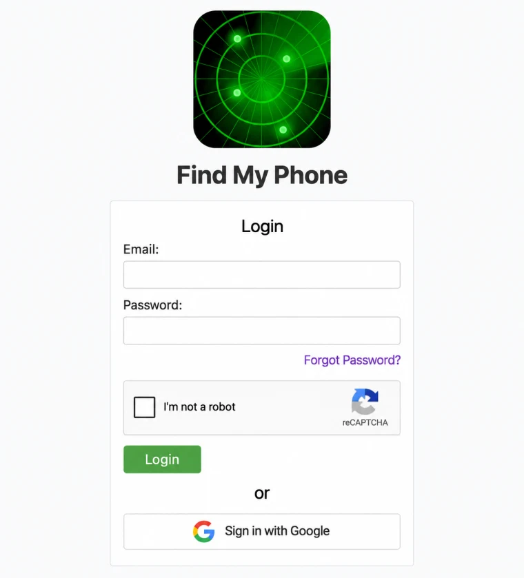 English Find My Phone login form with empty fields and a generic Google sign-in button
