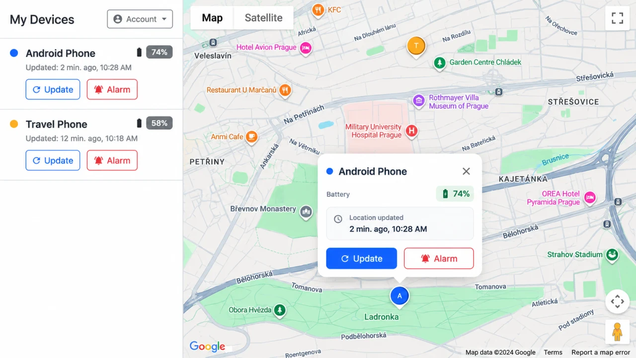 Demo portal with two fictitious phones, a Prague 6 map, and a location update panel