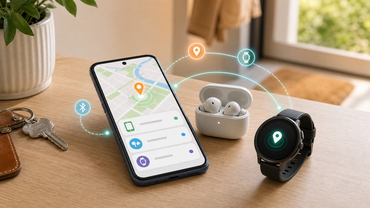 Android phone, earbuds, and smartwatch with GPS location and Bluetooth finding cues