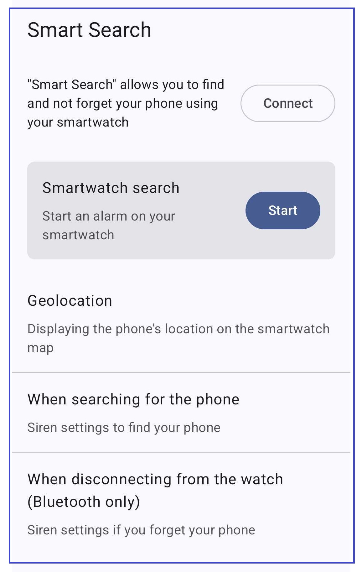 Nastavení Smart Search pro hledání chytrými hodinkami, geolokaci, alarm telefonu a upozornění na odpojení