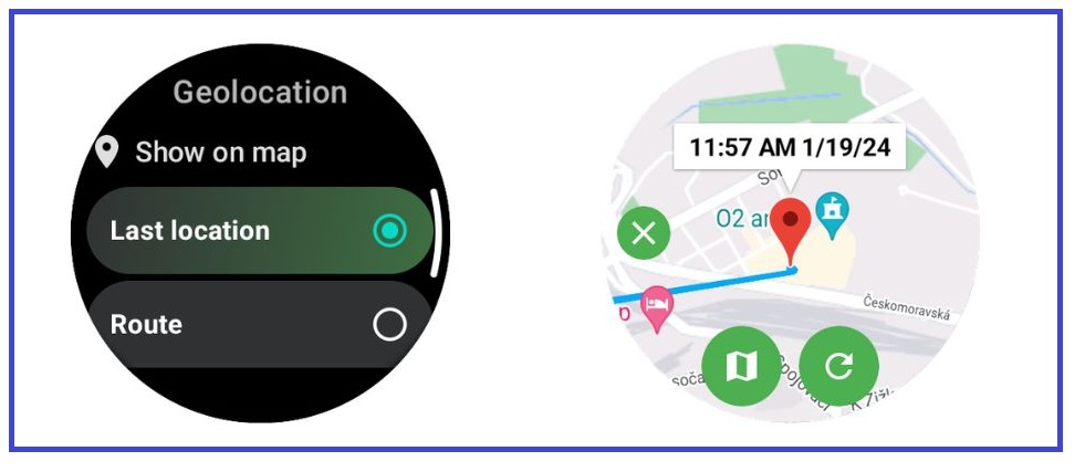 Obrazovky geolokace Wear OS s možnostmi polohy telefonu a zobrazením mapy