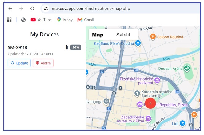Mapa webového portálu Find My Phone s polohou připojeného telefonu a ovládáním vzdáleného alarmu
