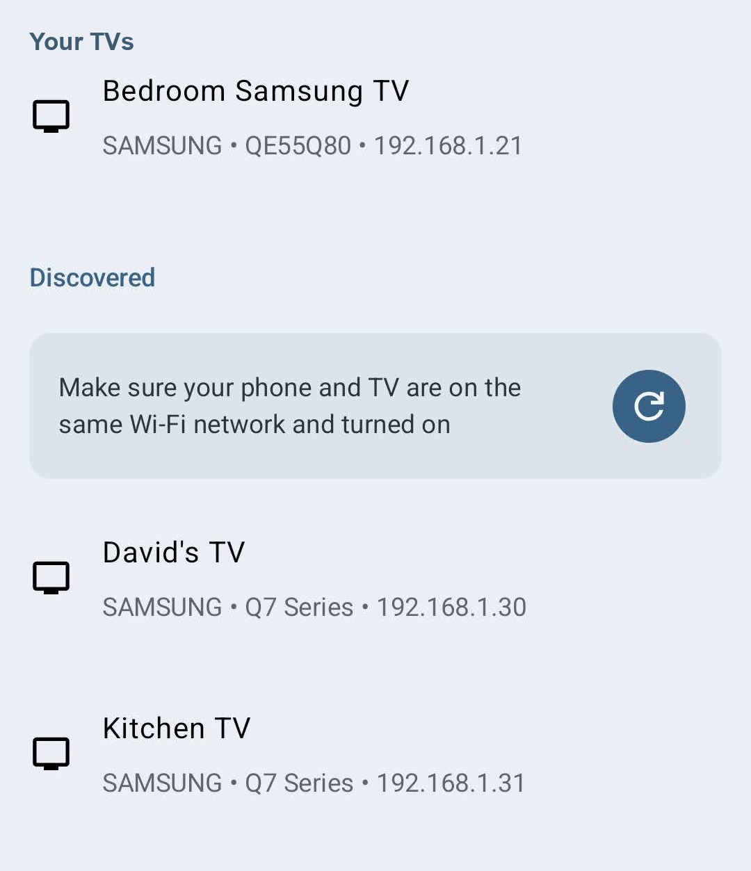 Remote for Samsung TV discovery screen showing nearby Samsung TVs on the same Wi-Fi network