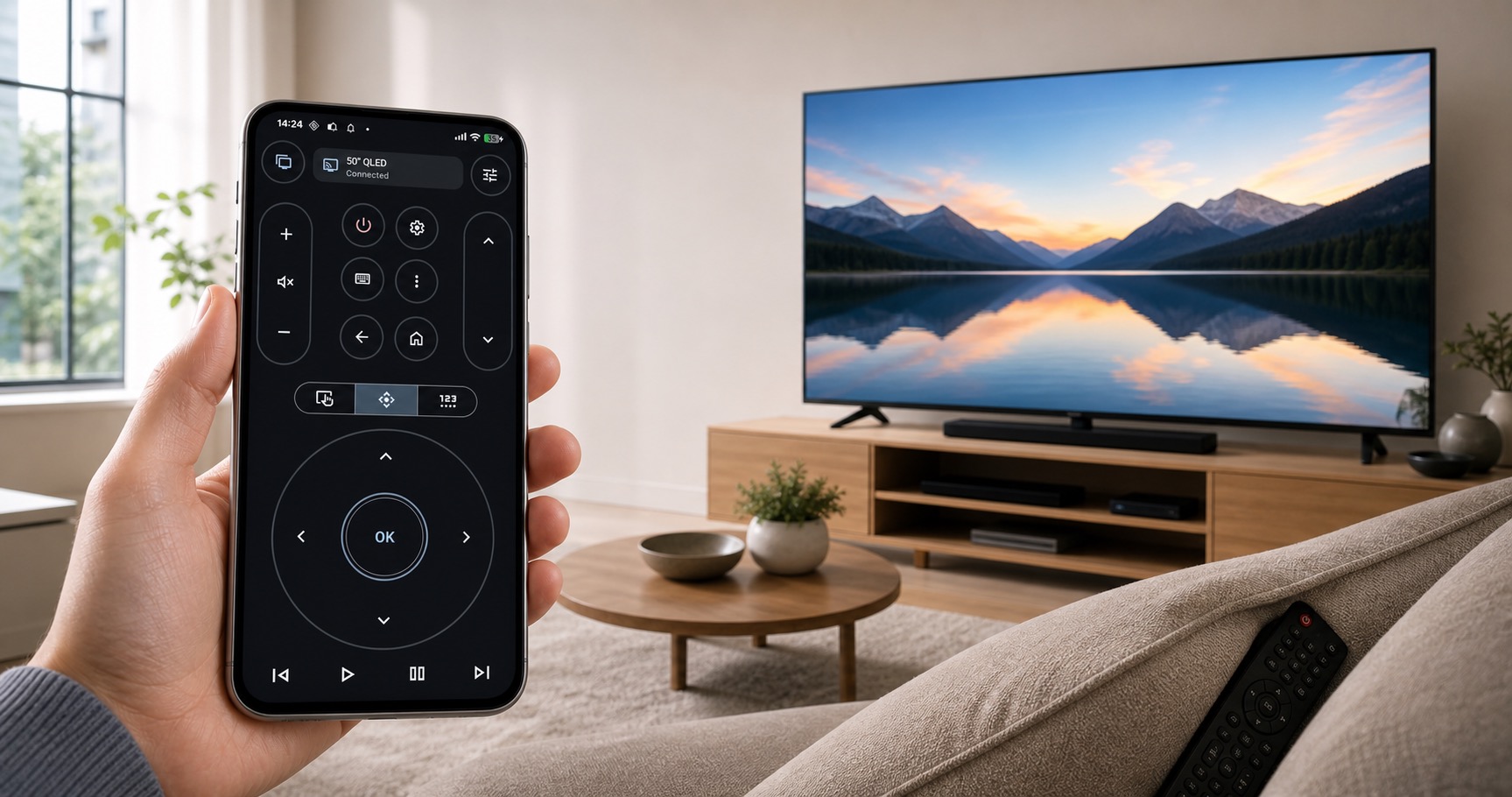 Android phone running Remote for Samsung TV in a living room with a Samsung TV and misplaced remote