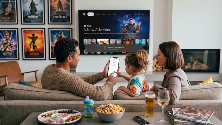Family using an Android phone as a Samsung TV remote during movie night