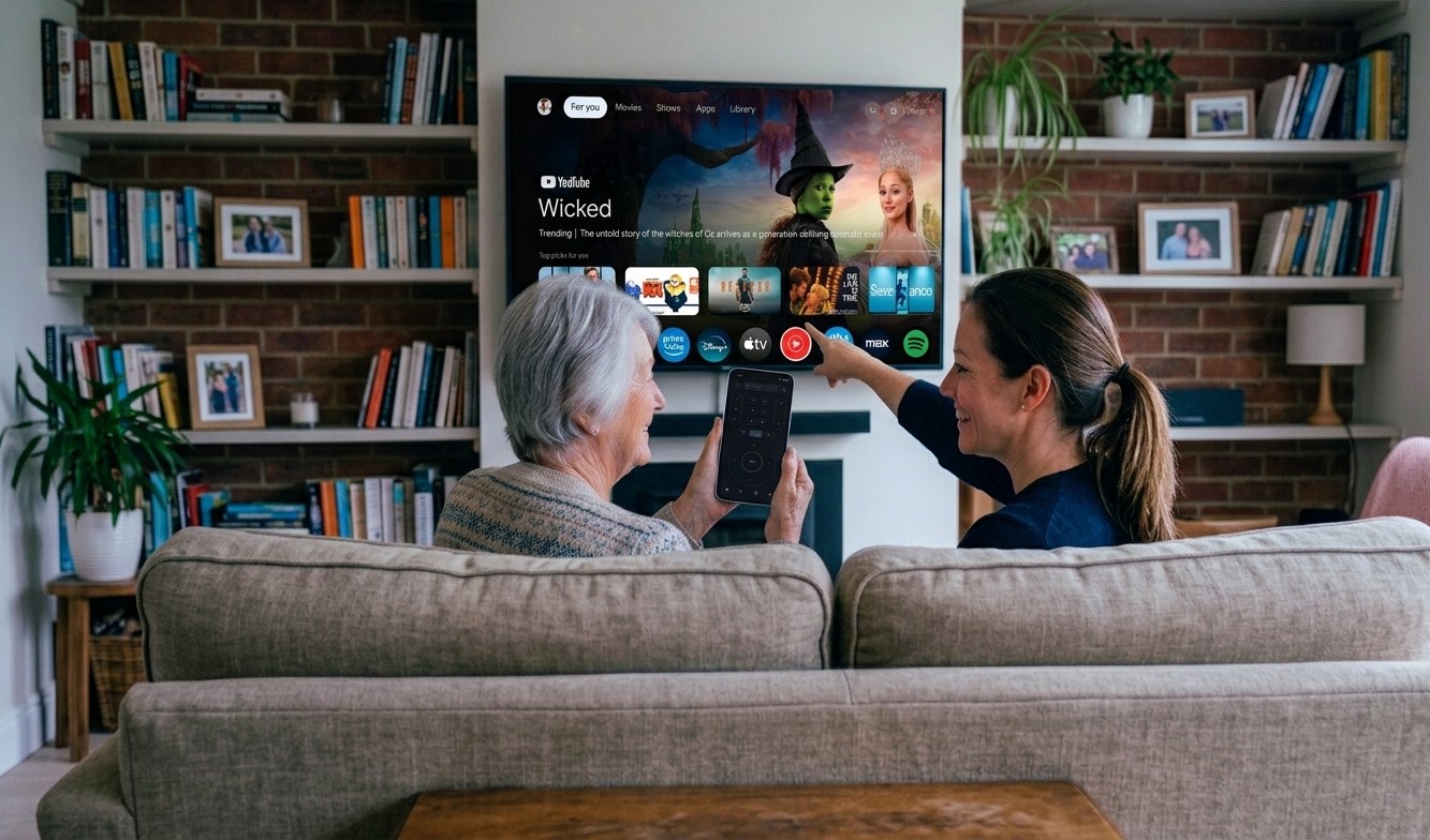 Starší žena používá telefon s Androidem jako ovladač Samsung TV s mladší příbuznou