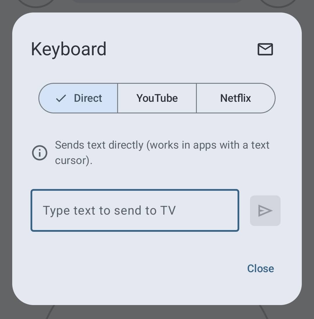 Režim Direct v aplikaci Ovladač pro Samsung TV pro odeslání textu do TV pole