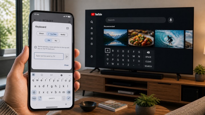 Android phone keyboard used to type into YouTube on a Samsung TV