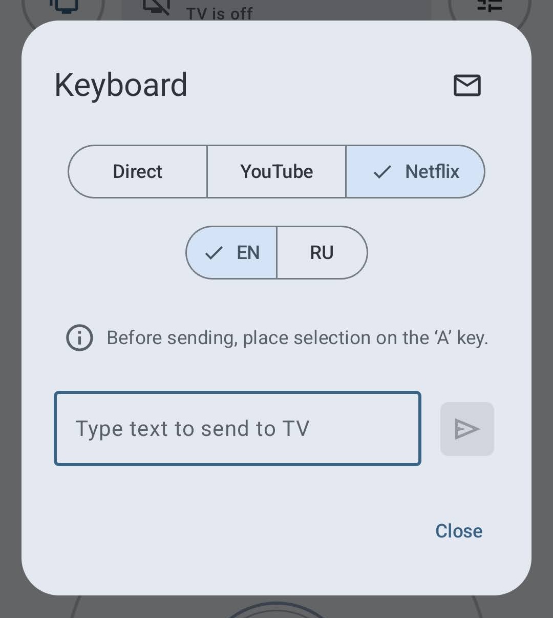 Režim Netflix v aplikaci Ovladač pro Samsung TV s pokynem pro výběr klávesy A
