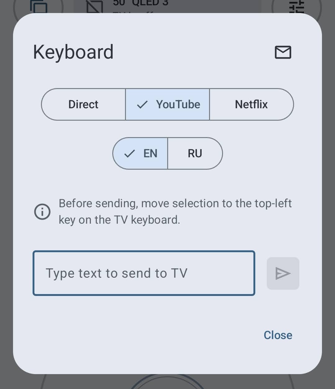 Režim YouTube v aplikaci Ovladač pro Samsung TV s pokynem pro TV klávesnici